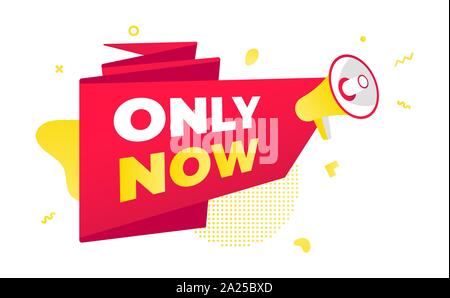 Only now sale countdown ribbon badge icon sign with big red ribbon, megaphone and abstract elements behind isolated on white background. Stock Vector