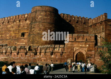 Agra Fort is a historical fort in the city of Agra in India. It was the main residence of the emperors of the Mughal Dynasty until 1638, when the capital was shifted from Agra to Delhi. Stock Photo