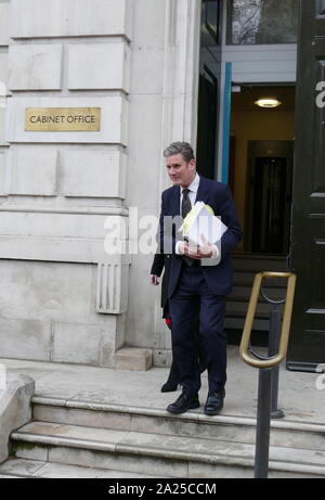 Keir Starmer , the leader of the Labour Party Brexit talks team, leaves the Cabinet Office after talks with the Conservative Government, 4 April 2019.