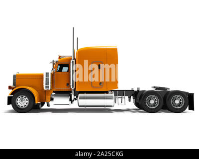 Modern truck tractor for cargo three axle without trailer orange side view 3d render on white background with shadow Stock Photo