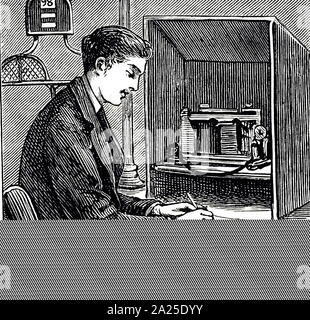 Engraving depicting an operator receiving a message on a Morse ...
