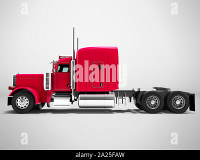 Modern truck tractor for cargo three axle without trailer red side 3d rendering on gray background with shadow Stock Photo