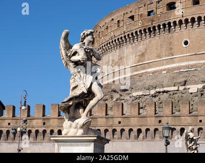 Exterior of Castel Sant'Angelo (The Mausoleum of Hadrian), a towering cylindrical building in Parco Adriano, Rome, Italy Stock Photo