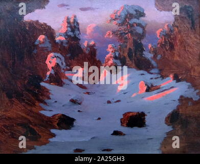 Painting titled 'Winter. Light Spots on Roofs'. Oil on cardboard Stock Photo