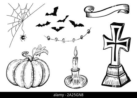 Halloween design template. Hand drawn design element. Vintage black and color vector engraving illustration. Halloween symbols. Stock Vector