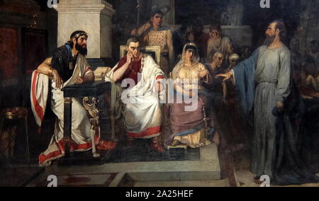 Painting titled 'Paul the Apostle Explains Religious Dogmas in the Presence of King Agrippa' by Vasily Surikov. Vasily Ivanovich Surikov (1848-1916) a Russian Realist history painter Stock Photo