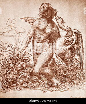 Leda and the Swan, Pen, Bistre and wash drawing, by Leonardo da Vinci c. 1506. Leonardo di ser Piero da Vinci (1452 – 1519), was an Italian polymath of the Renaissance whose areas of interest included invention, drawing, painting, sculpting, architecture, science, music, mathematics, engineering, literature, anatomy, geology Stock Photo