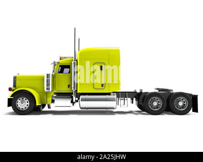 Modern truck tractor for cargo three axle without trailer yellow side 3d rendering on white background with shadow Stock Photo