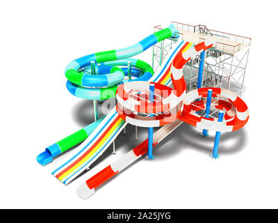 Modern water slide for water park one big slide for three people and two roller coaster red and blue 3d render on white background with shadow Stock Photo