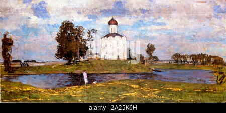 The Church of the Intercession, 1953, by Vasilyevich Gerasimov (1885 – 1964), Soviet Russian painter. The Church of the Intercession of the Holy Virgin on the Nerl River in Bogolyubovo, Russia Stock Photo