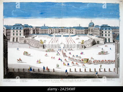 18th century, coloured illustration showing the Palace of Versailles (Château de Versailles) a royal château in Versailles in the Île-de-France region of France. Versailles was the seat of political power in the Kingdom of France from 1682, when King Louis XIV moved the royal court from Paris, until the royal family was forced to return to the capital in October 1789, within three months after the beginning of the French Revolution. Stock Photo