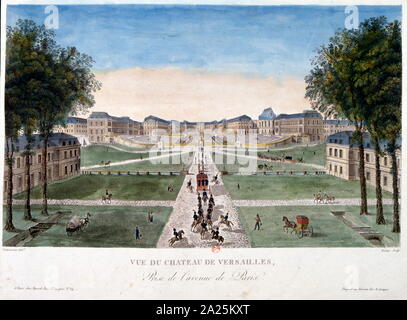 18th century, coloured illustration showing the Palace of Versailles (Château de Versailles) a royal château in Versailles in the Île-de-France region of France. Versailles was the seat of political power in the Kingdom of France from 1682, when King Louis XIV moved the royal court from Paris, until the royal family was forced to return to the capital in October 1789, within three months after the beginning of the French Revolution. Stock Photo
