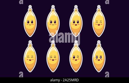 Cartoon Kawaii Icicle toy, Christmas Sticker set. New Year and Xmas Cute set of golden glass Icicle, Noel decoration with emotions. Festive Character Stock Vector