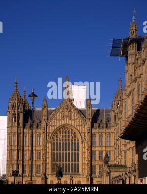 Exterior of the Palace of Westminster, the meeting place of the House of Commons and the House of Lords, the two houses of the Parliament of the United Kingdom