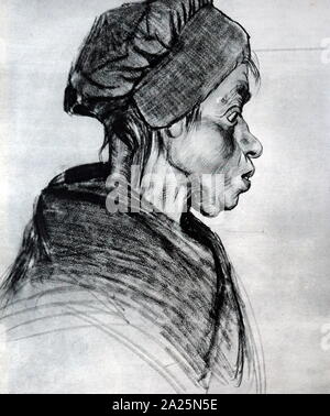 Charcoal sketch titled 'Head of a Peasant Woman' by Vincent van Gogh. Vincent Wilhelm van Gogh (1853-1890) a Dutch post-impressionist painter. Stock Photo