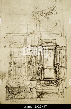 Drawing, Window for the Palazzo dei Conservatori, Rome; Follower of  Michelangelo Buonarroti (Italian, 1475–1564); Italy; pen and brown ink,  brown wash, black chalk on white laid paper ; 32.5 x 18.6 cm (