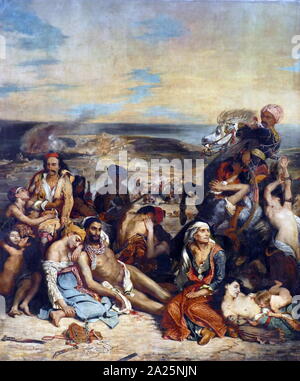 Painting titled 'the massacre at chios' by eugene delacroix. ferdinand victor eugene delacroix (1798-1863) a french romantic artist. Stock Photo