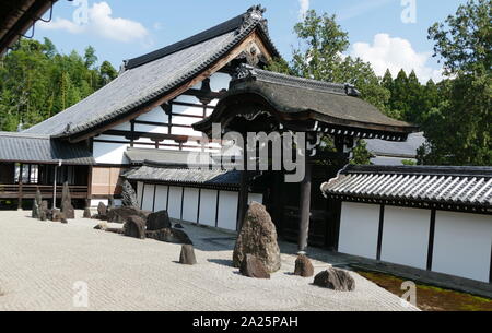 Saiho-ji, Rinzai Zen, Buddhist temple, Kyoto, Japan. The temple, which is famed for its moss garden, is commonly referred to as 'Koke-dera' was, primarily constructed to honor Amitabha. In 1994, Saiho-ji was registered as a UNESCO World Heritage Site. The main hall of the temple, known as Sairai-do was reconstructed in 1969. The paintings on the sliding doors are the work of Insho Domoto. Stock Photo