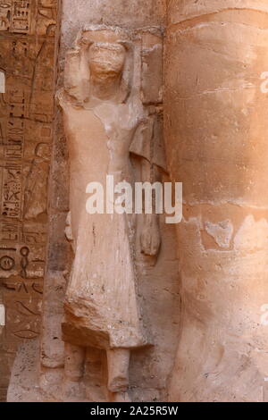 Second Courtyard of the Feasts, Medinet Habu, Thebes, Egypt. Temple of Rameses II at Medinet Habu, Egypt. The Mortuary Temple of Ramesses III at Medinet Habu was an important New Kingdom period temple structure in the West Bank of Luxor in Egypt. The temple has inscribed reliefs depicting the advent and defeat of the Sea Peoples during the reign of Ramesses III. Initial excavation of the temple took place sporadically between 1859 and 1899 Stock Photo