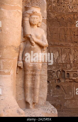 Second Courtyard of the Feasts, Medinet Habu, Thebes, Egypt. Temple of Rameses II at Medinet Habu, Egypt. The Mortuary Temple of Ramesses III at Medinet Habu was an important New Kingdom period temple structure in the West Bank of Luxor in Egypt. The temple has inscribed reliefs depicting the advent and defeat of the Sea Peoples during the reign of Ramesses III. Initial excavation of the temple took place sporadically between 1859 and 1899 Stock Photo