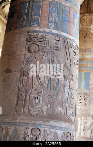 Second Courtyard of the Feasts, Medinet Habu, Thebes, Egypt. Temple of Rameses II at Medinet Habu, Egypt. The Mortuary Temple of Ramesses III at Medinet Habu was an important New Kingdom period temple structure in the West Bank of Luxor in Egypt. The temple has inscribed reliefs depicting the advent and defeat of the Sea Peoples during the reign of Ramesses III. Initial excavation of the temple took place sporadically between 1859 and 1899 Stock Photo