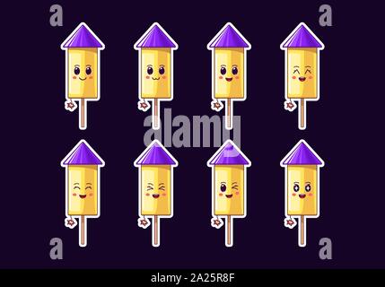 Cartoon Kawaii Firework rocket, Christmas Sticker set. New Year and Xmas collection of Cute Fireworks with burning fuse and emotions. Festive Characte Stock Vector