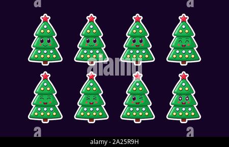 Cartoon Kawaii Christmas Tree, Holiday Sticker set. New Year and Xmas collection of Cute green Tree with red Star and Balls. Festive Character with ex Stock Vector