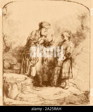 Abraham and Isaac; etching by Rembrandt van Rijn, 1645, Stock Photo