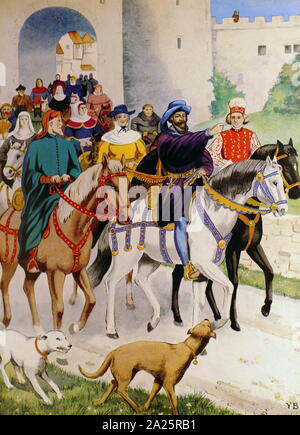 Illustration showing Geoffrey Chaucer (1343 - 1400) English poet and author. Widely considered the greatest English poet of the Middle Ages, he is best known for The Canterbury Tales. Stock Photo