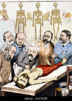 French satirical illustration showing opponents of Boulanger performing an autopsy. 1889. Georges Boulanger (1837 – 1891), was a French general and politician. An enormously popular public figure during the Third Republic, he won a series of elections and was feared to be powerful enough to establish himself as dictator at the apogee of his popularity in January 1889. Stock Photo