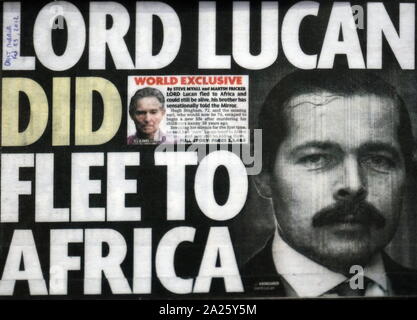 Newspaper headline reporting on Lord Lucan. Richard John Bingham, 7th Earl of Lucan (1934-1974) a British peer who disappeared after being suspected of murder. Stock Photo