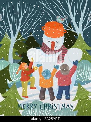 Merry christmas and happy new year. Vector winter illustration of cute greeting card. Freehand drawing of a fun children making a snowman in forest Stock Vector