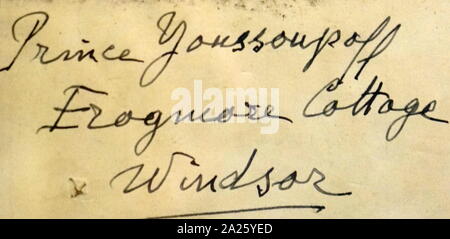 Signature of Felix Yusupov. Prince Felix Felixovich Yusupov, Count Sumarokov-Elston (1887-1967) a Russian aristocrat, prince and count from the Yusupov family. He is best known for his participation in the assassination of Grigori Rasputin. Stock Photo