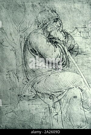 An old man.  鉛筆画 Drawing of an old man thinking, pen and ink circa 1510 by Leonardo