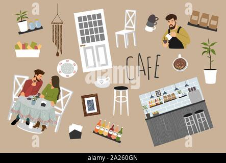 Bundle of isolated objects on the theme of a coffee shop: couple drinking coffee at a table, barista preparing a drink, furniture, dishes. Cute vector Stock Vector