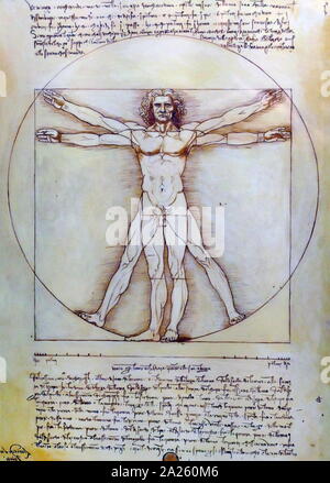 The Vitruvian Man (Le proporzioni del corpo umano secondo Vitruvio), a drawing by the Italian polymath Leonardo da Vinci around 1490. The drawing is based on the correlations of ideal human body proportions with geometry described by the ancient Roman architect Vitruvius in Book III of his treatise De architectura. Leonardo da Vinci (April 1452 - May 1519), an Italian polymath of the Renaissance. Stock Photo