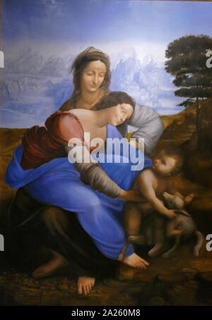 The Virgin and Child with Saint Anne is an oil painting by Leonardo da Vinci depicting St Anne, her daughter the Virgin Mary and the infant Jesus. 1503. Christ is shown grappling with a sacrificial lamb symbolizing his Passion as the Virgin tries to restrain him. The painting was commissioned as the high altarpiece for the Church of Santissima Annunziata in Florence. Leonardo da Vinci (April 1452 - May 1519), an Italian polymath of the Renaissance. Stock Photo