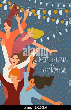 Merry christmas and happy new year. Cheerful smiling jumping girls at a corporate party on the background of festive garlands. Cute hand-drawn vector Stock Vector