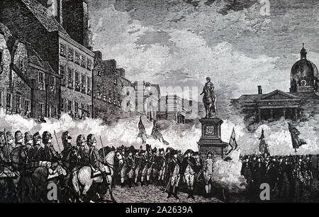 A woodcut engraving depicting the Dublin volunteers saluting the statue of King William III on College Green, November 4th, 1798. Dated 18th century Stock Photo