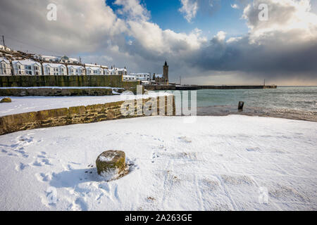 Porthleven in Snow; Cornwall; UK Stock Photo
