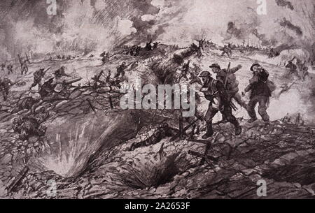 British infantry attack a German gun position in a trench during World war One. 1916 Stock Photo