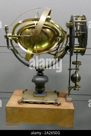 French armillary sphere, 18th century, brass. An armillary sphere (variations are known as spherical astrolabe, armillary, or armil) is a model of objects in the sky (on the celestial sphere), consisting of a spherical framework of rings, centred on Earth or the Sun, that represent lines of celestial longitude and latitude and other astronomically important features, such as the ecliptic. As such, it differs from a celestial globe, which is a smooth sphere whose principal purpose is to map the constellations.