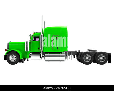 Modern truck tractor for cargo three axle without trailer green side 3d rendering on white background no shadow Stock Photo