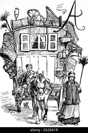 An engraving depicting a gipsy family on the road with their horse-drawn caravan festooned with articles for sale. Dated 19th century Stock Photo