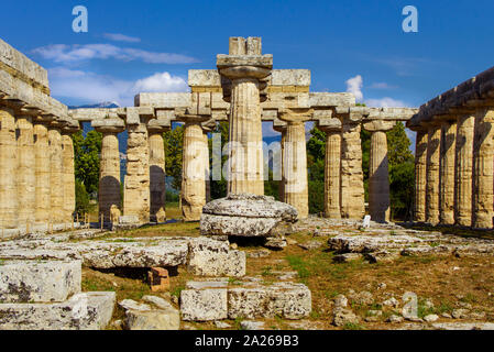 Internal view of greek  Temple of Hera-II in the archaeological site of Paestum (Poseidonia), Salerno, Campania, Italy Stock Photo