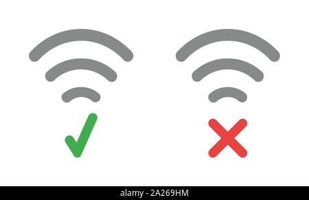 Vector icon set of wireless wifi symbols with check mark and x mark. Flat color style. Stock Vector