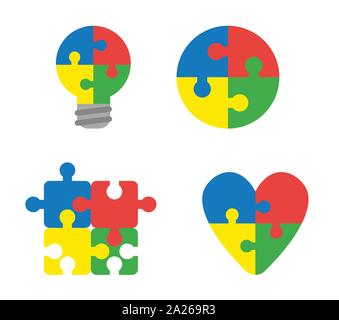 Vector icon set of connected puzzle pieces shaped light bulb, circle, square and heart. Flat color style. Stock Vector