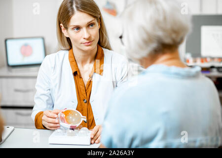 Female ophthalmologist showing the eye model to a senior patient during a medical consultation in the ophthalmologic office Stock Photo