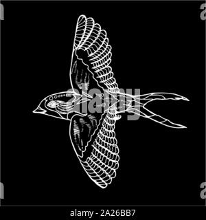 Illustration of a swallow in a profile. Flying cosmic bird. Chalk on a blackboard. Stock Vector