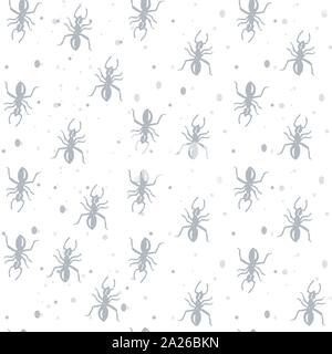 vector hand-drawn gray ants on a light white background, seamless pattern with bread crumbs and sand. Stock Vector